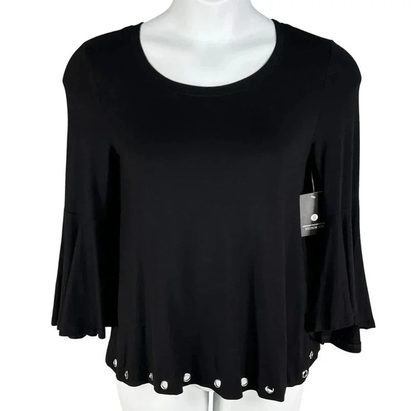 Kensie NWT Stitch Fix Exclusive Womens S Black Bell Sleeve Top Grommet Hem Fairy - Picture 3 of 16